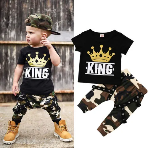 Дети Baby Boy Эпикировка Черная футболка + Камуфляж кальсон 2pcs Kid Мальчик одежда King Корона детской одежды Оптовая фабрика костюм