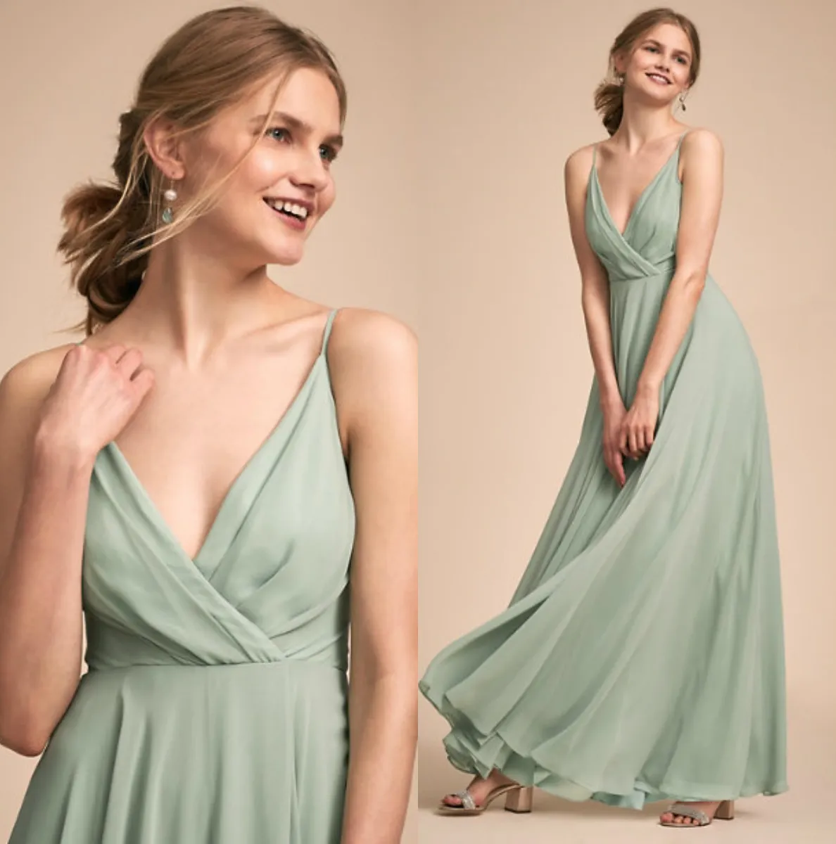 Zomer Beach Bhldn Spaghetti V-hals Bruidsmeisjes Jurken Chiffon Maid of Honour Jurken Flow Rok Trouwjurk