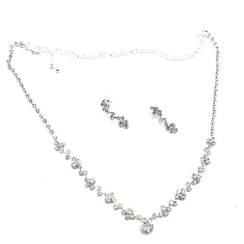 Silver Bridesmaid Crystal Necklace Earrings Set Wedding Bridal Jewelry XBUK5320994