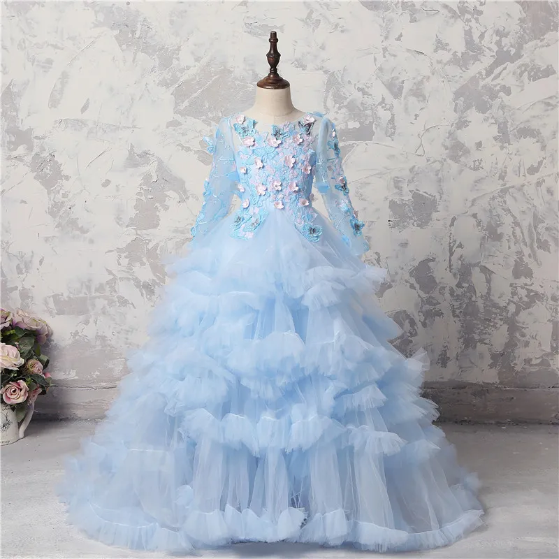 Ice Blue Butterfly Appliques Girls Pageant Gowns Sheer Long Sleeves Lace Up Back Flower Girl Dresses For Wedding Tulle Tiered Baby Ball Gown