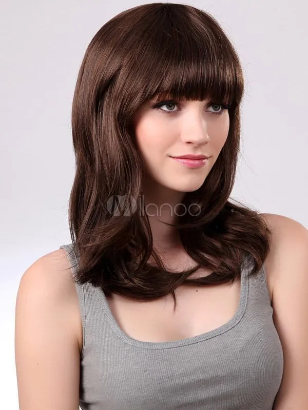 Açık kahverengi uzun bukleler sentetik kalite kadının orta peruk saç biter