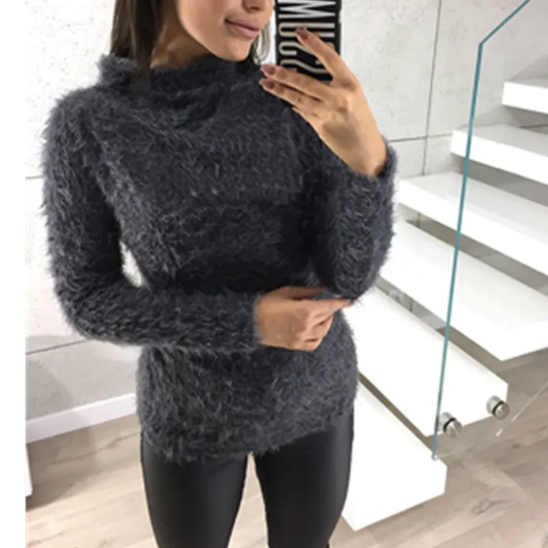 Meisje warme fuzzy coltrui gebreide vrouwen trui top herfst winter truien toevallige truien basale lange mouw tops plus size