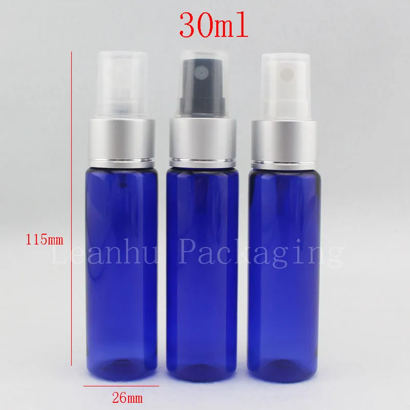 30 ml x 50 blauwe kleur plastic fles met parfum aluminium spuitpomp, 1OZ lege cosmetische verpakking flessen met spray China