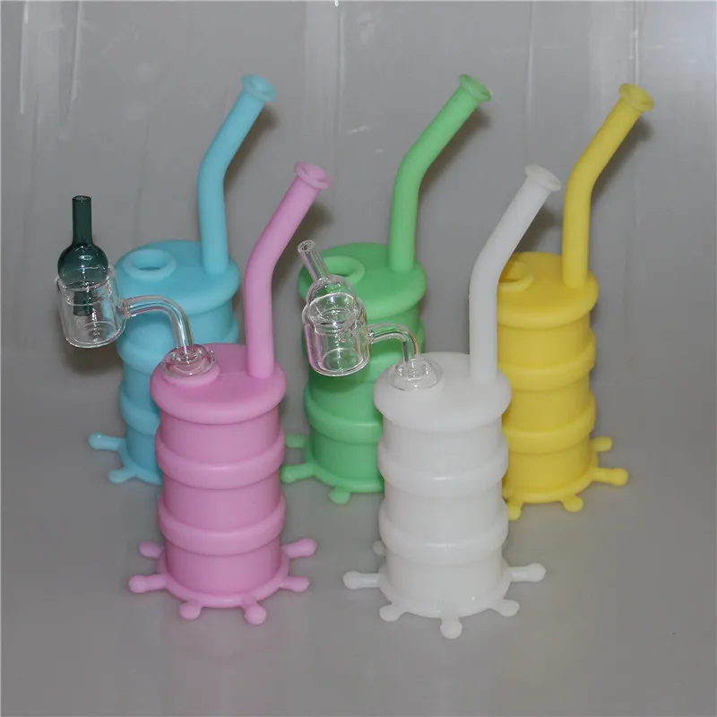 Glow in the dark silicone water pipe bong silicone oil rig hookah with double tube quartz banger and glass carp cap