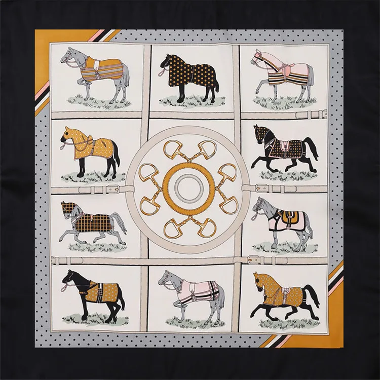 Neue Twill Seidenschal Frauen Plaid Horse Print Spanien Stirnband Schal Dame Kleine Quadratische Schals Weibliche Mode Halstuch Bandana 70 cm * 70 cm