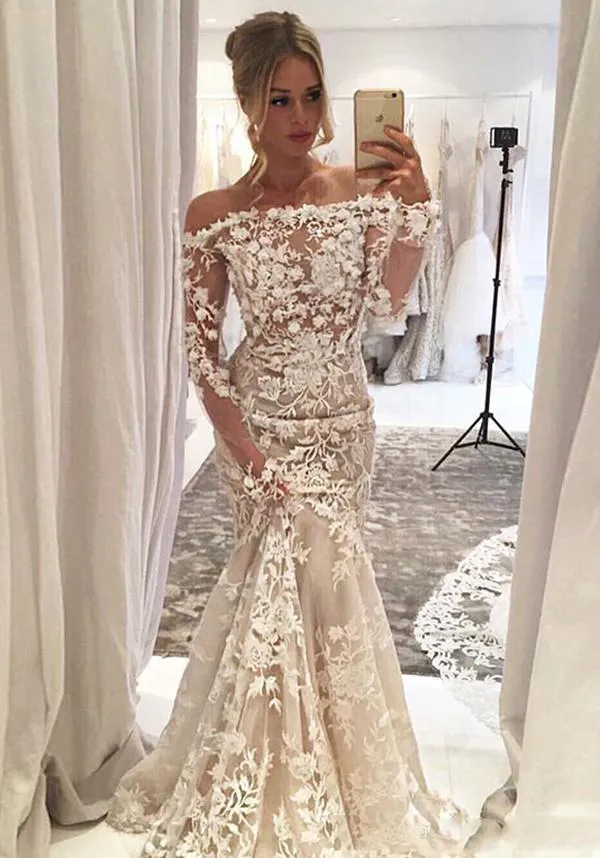 Amazing See Through Off The Shoulder Wedding Dresses Sexy Sheer Long Sleeves Lace Appliques Bridal Gowns Mermaid Arabic Women Wedding Dress