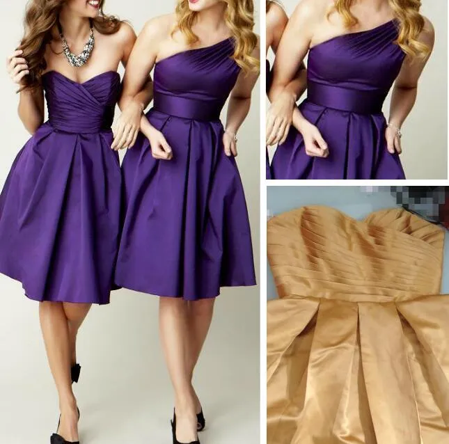 Barato Roxo escuro simples roxo de um ombro sem mangas curtas vestido de dama de honra curta cetim espartilho joelho comprimento a linha zíper elegante vestidos de festa de casamento