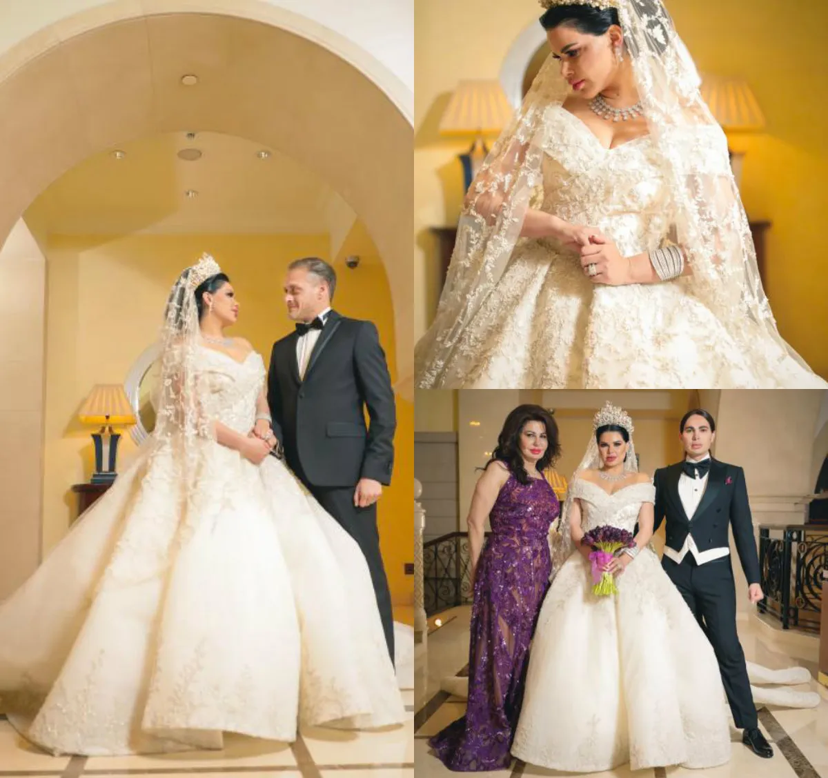 Luxury Ball Gown Bröllopsklänningar från axeln Lace Appliques Ruffle Sweep Train Plus Storlek Bröllopsklänning med Petticoat Bridal Grows