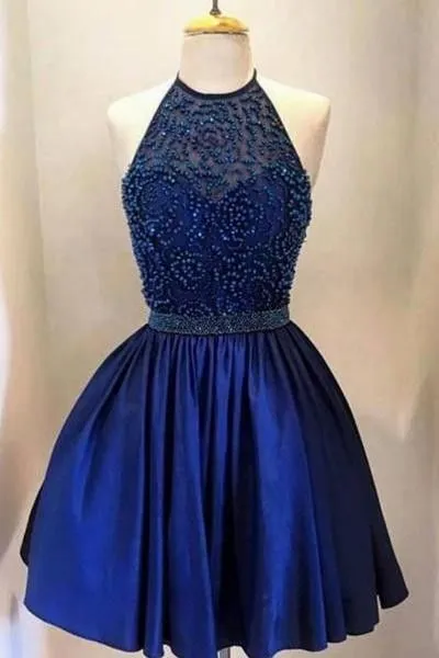 Short Homecoming Dresses Halter Sequins Beads Navy Blue Backless Cocktail Party Dress Sparkly Arabic Prom Gowns Graduation Real Image