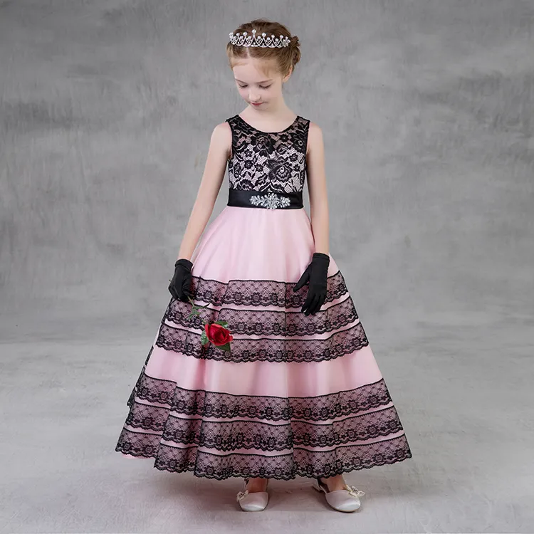 2018 Country-Blumenmädchenkleider für Hochzeiten, Prinzessin, Juwelenschleife, ärmellose Schärpen, lange Spitze, kleine Kinder, heiliges Erstkommunionkleid, individuell