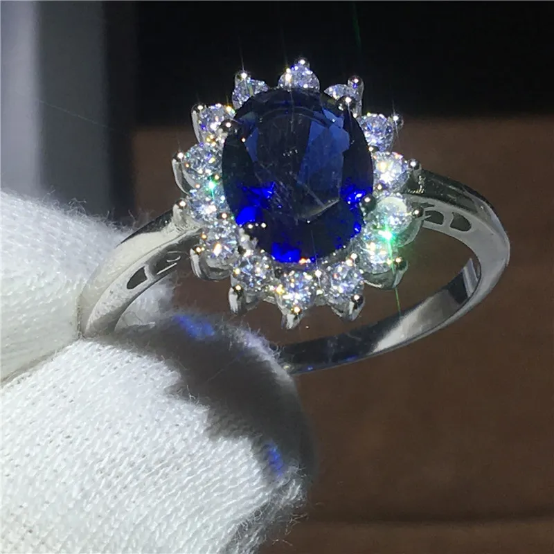 Royal Jewelry Princess Diana 100% Real 925 Sterling Silver Ring Blå 5A Zircon CZ Engagement Bröllop Band Ringar för Women Bridal