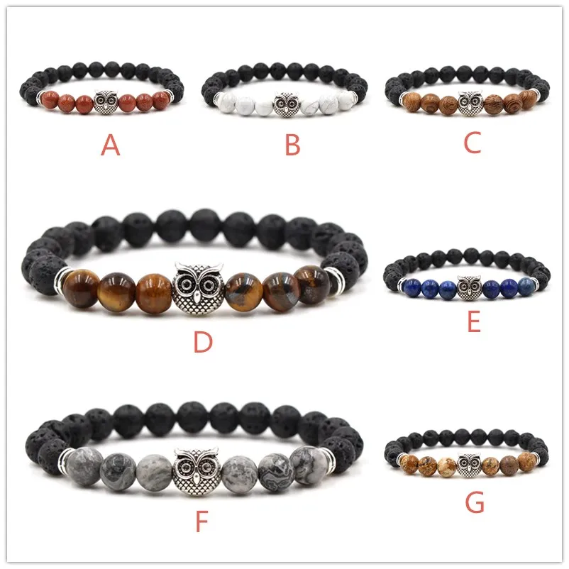 8 mm natürliche schwarze Lava -Stein -Tiger -Augenperlen Eulenan Charme ätherische Öl Diffusor Armband Gleichgewicht Yogaschmuck