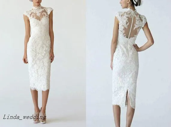 Kostenloser Versand Weiße Spitze Knielanges Hochzeitskleid Hochzeit Mantel Spalte Stehkragen Bleistiftkleid Brautkleider