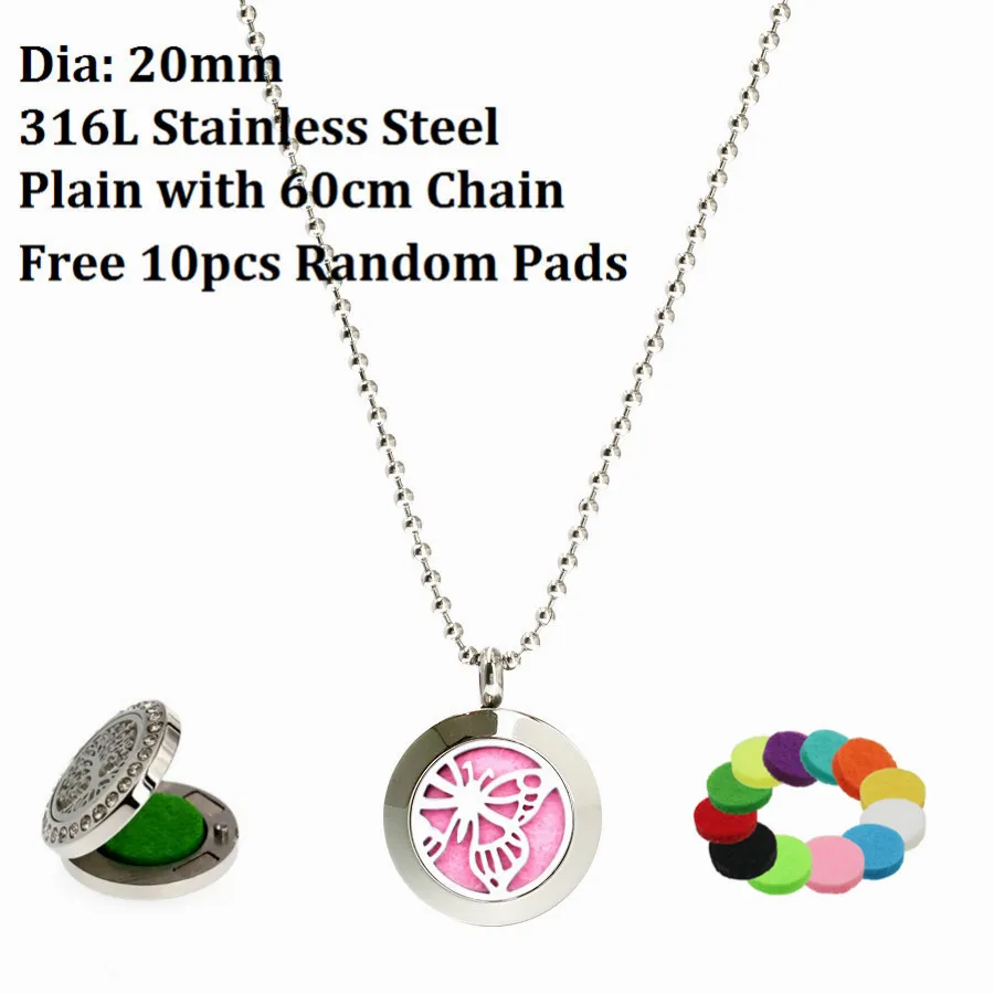 Collier de diffuseur de parfum d'huile essentielle d'acier inoxydable d'aimant uni de 20mm de fleurs de lotus avec la chaîne de longueur de 60cm 10p tampons gratuits