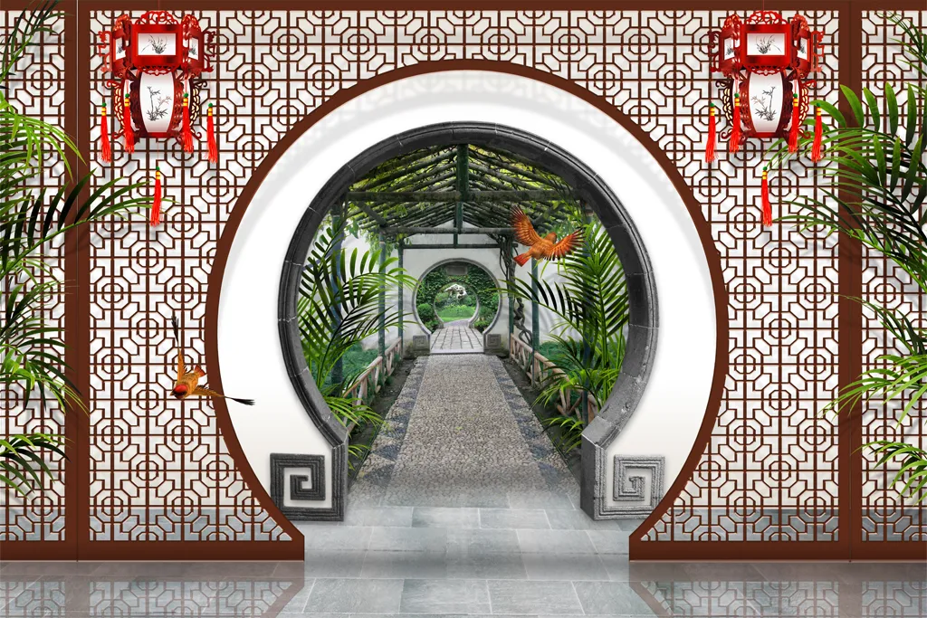 中国風3Dカーテンの風景窓の装飾カーテンリビングルーム白いカーテン