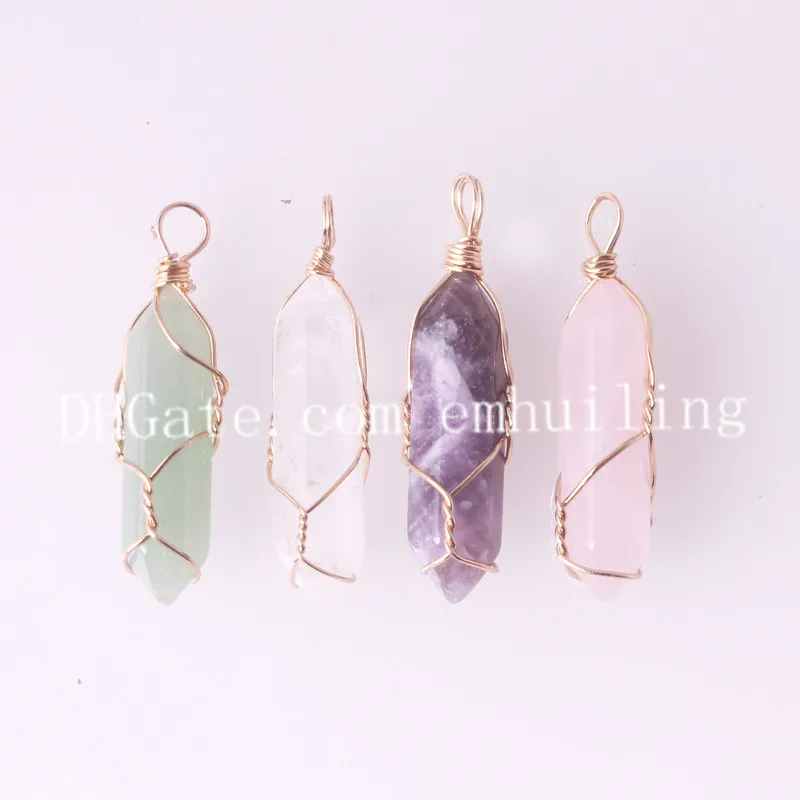 Hexagonal Natural Quartz Stone Pendant Healing Crystal Full Gold Plated Wire Wrap Gemstone Pendant for Women Necklace Reiki Jewelry Making