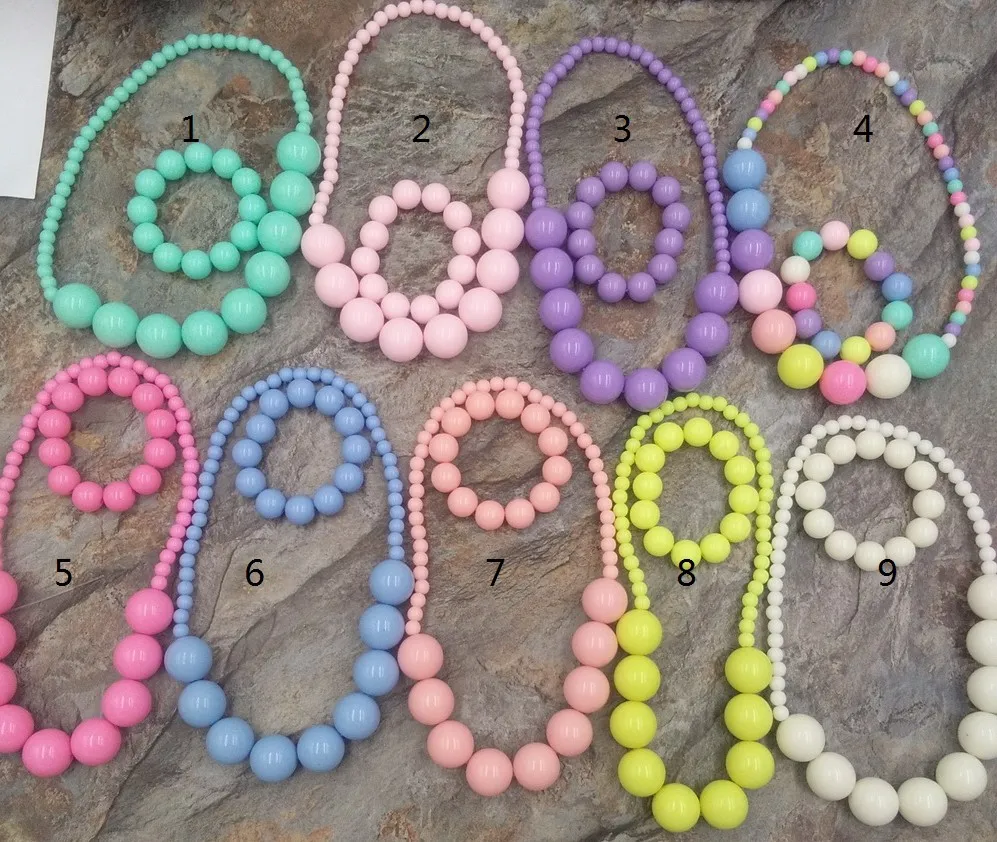 Summer elastic string fashion muhi-color bead bib necklace bracelet set for kid handmade statement acrylic beads stretched jewelry sets