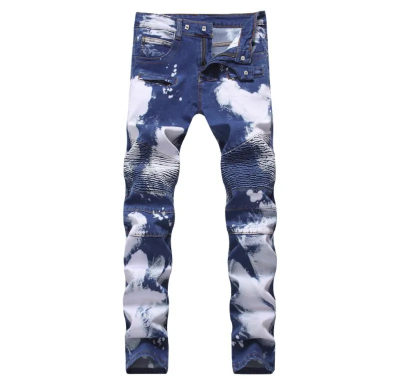 Jean de motard imprimé peinture pour hommes, coupe cintrée plissée pour moto, Hip Hop, Denim extensible, pantalon moulant délavé, grande taille 40 42