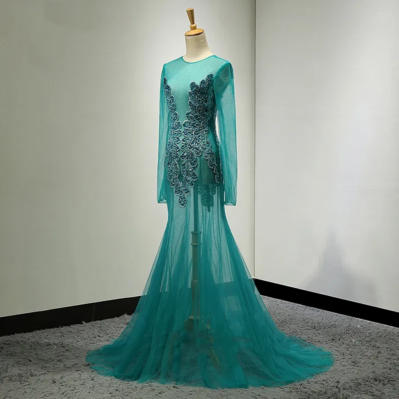 2018 doorkijk door Womens Prom Dress Beaded Turquoise Teal Special Design Custom Made Party Maxi jurken Sexy jurken vloerlengte