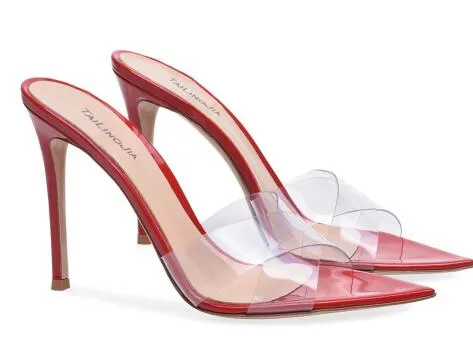 Ciabatte aperte da donna in PVC trasparente con punta a punta e tacco alto, sandali rossi, tacchi da sposa nudi, scarpe estive con tacco a spillo nero da donna