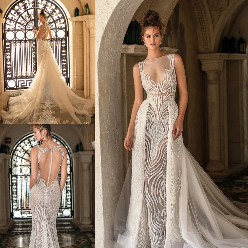 Berta Primavera 2019 Sereia Vestido de Noiva Sexy Illusion Bodice Bateu Garganta Bottons Vestidos De Noiva Com Cauda Removível