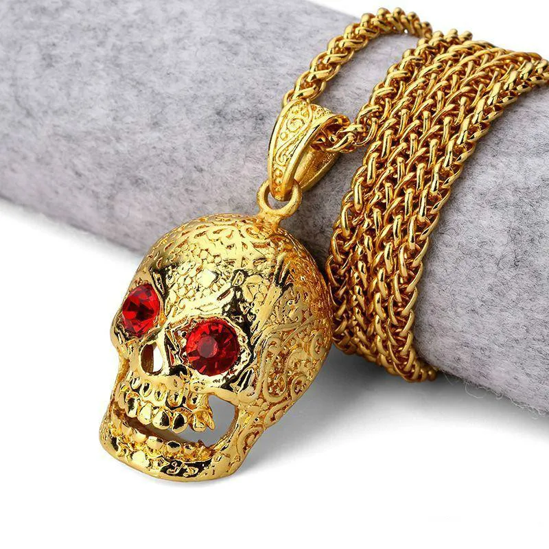 추천 해골 펜던트 힙합 목걸이 18K Golden Hiphop Jewelry 남성용 큰 붉은 다이아몬드 롱 체인 골드 75cm 체인 목걸이