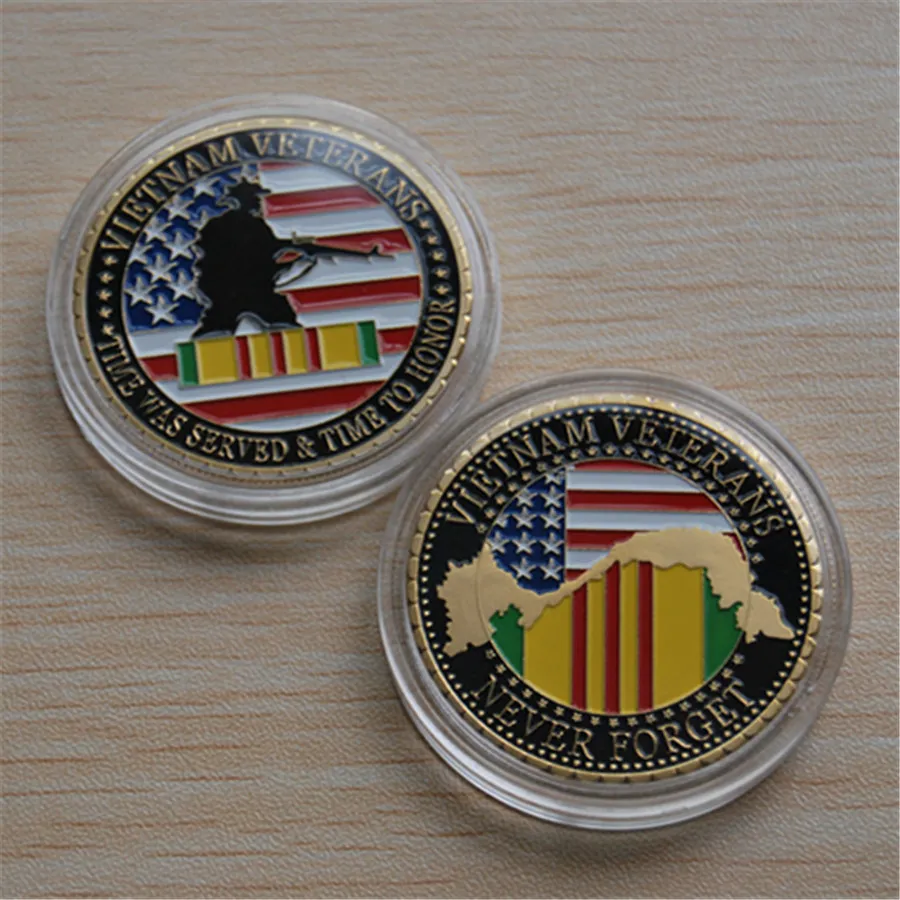 50 pcs/lot livraison gratuite, pièce de défi plaquée or 24K pour vétérans militaires des états-unis et du Vietnam