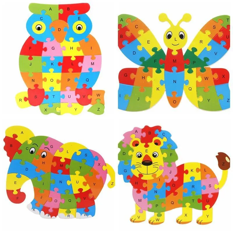 Animaux en bois anglais 26 lettre alphabétique Jigsaw Puzzle enfants 3-5-6 ans prix usine vente en gros ordre de mélange 2 ensemble ou plus