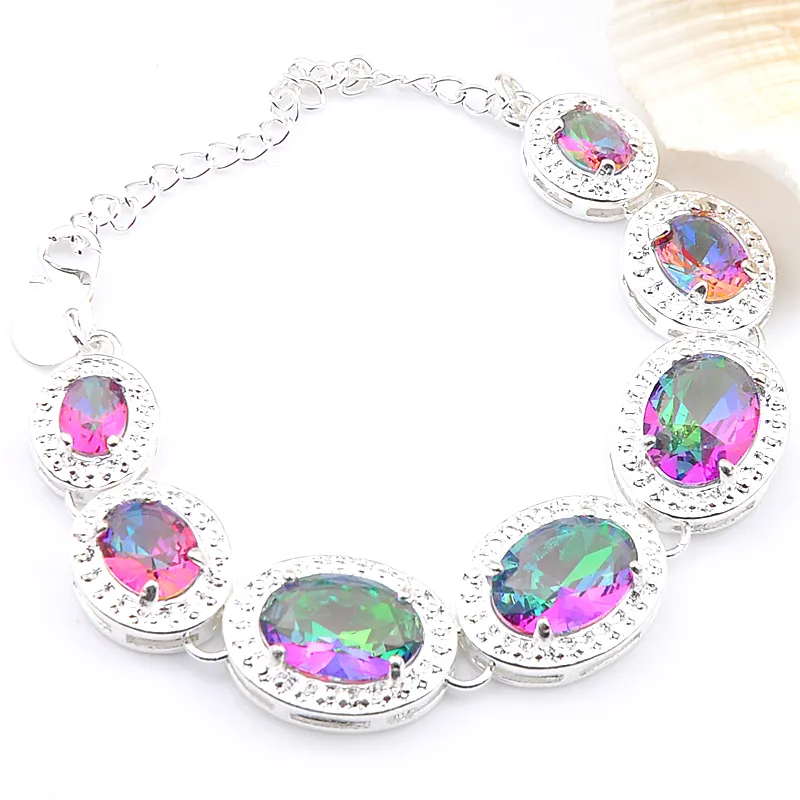 Luckyshine Mode Säljare 925 Sterling Silver Round Mystic Topaz Ädelsten Armband Bangle Hand Catenary H535