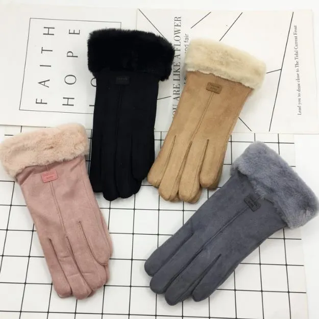 New Suede Single-threaded Mouth Split Gloves for Autumn and Winter Warm Outdoor Furry Student's Double-decker Thickened Lamb