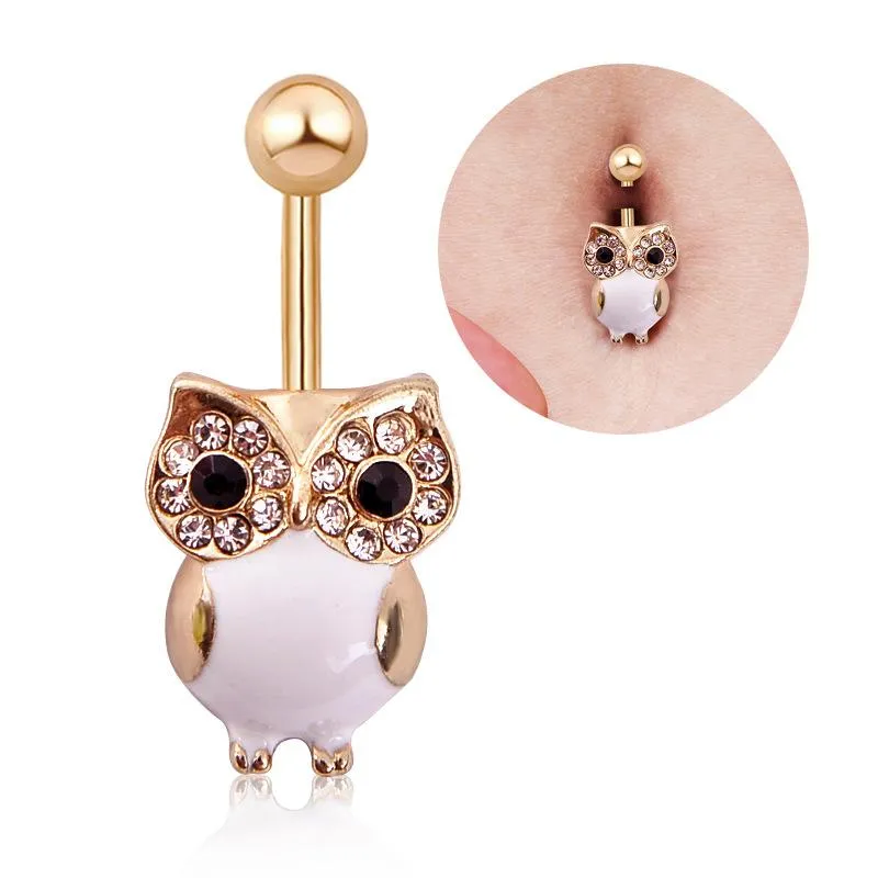 Trendig Owl Belly Ring för kvinnor Opal Rhinestone Body Smycken Kvinnors Navel Bell Knapp Ringar