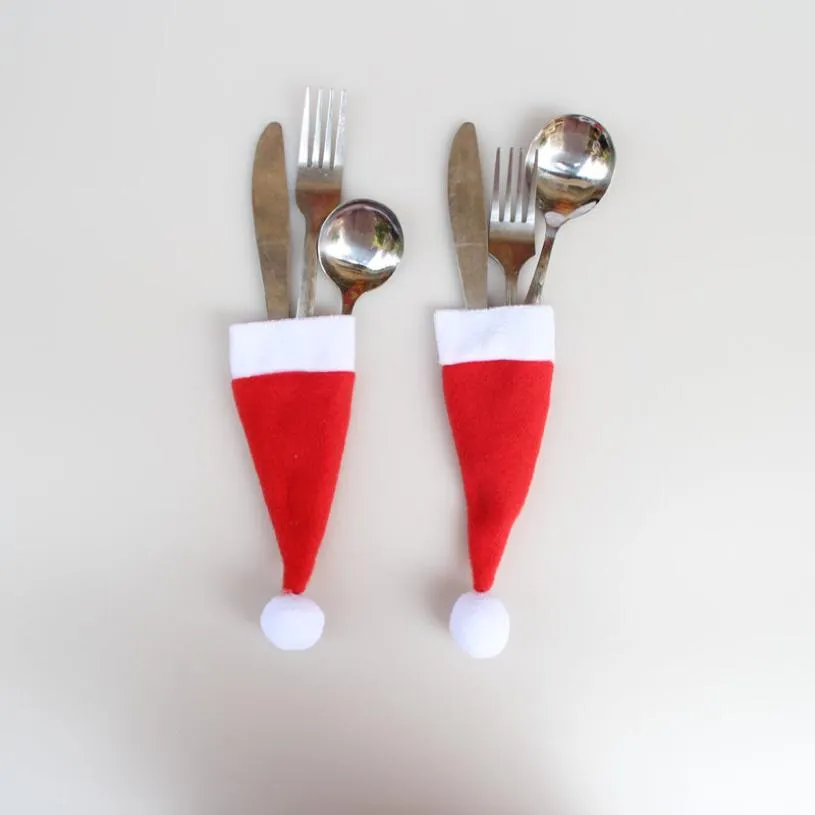 200pcs Christmas Decorative tableware Knife Fork Set Christmas Hat Storage Holder Tool XMAS Decoration Party Tableware Dinner Table