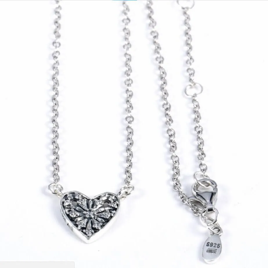 Genuino 100% 925 Cadena de plata esterlina Día de San Valentín Snowflack Corazón Rhinestone Collar Estilo Europeo Lujo DIY Joyería Regalo 50 cm PNC6