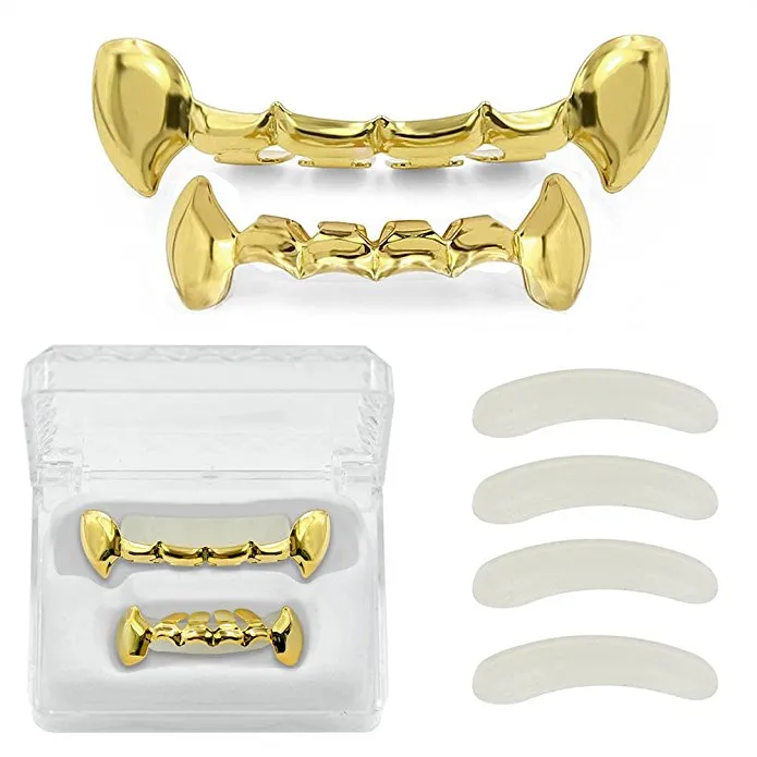 Denti hip-hop placcati in oro 18 carati su misura Fang Grillz Caps Griglia inferiore inferiore Denti da vampiro