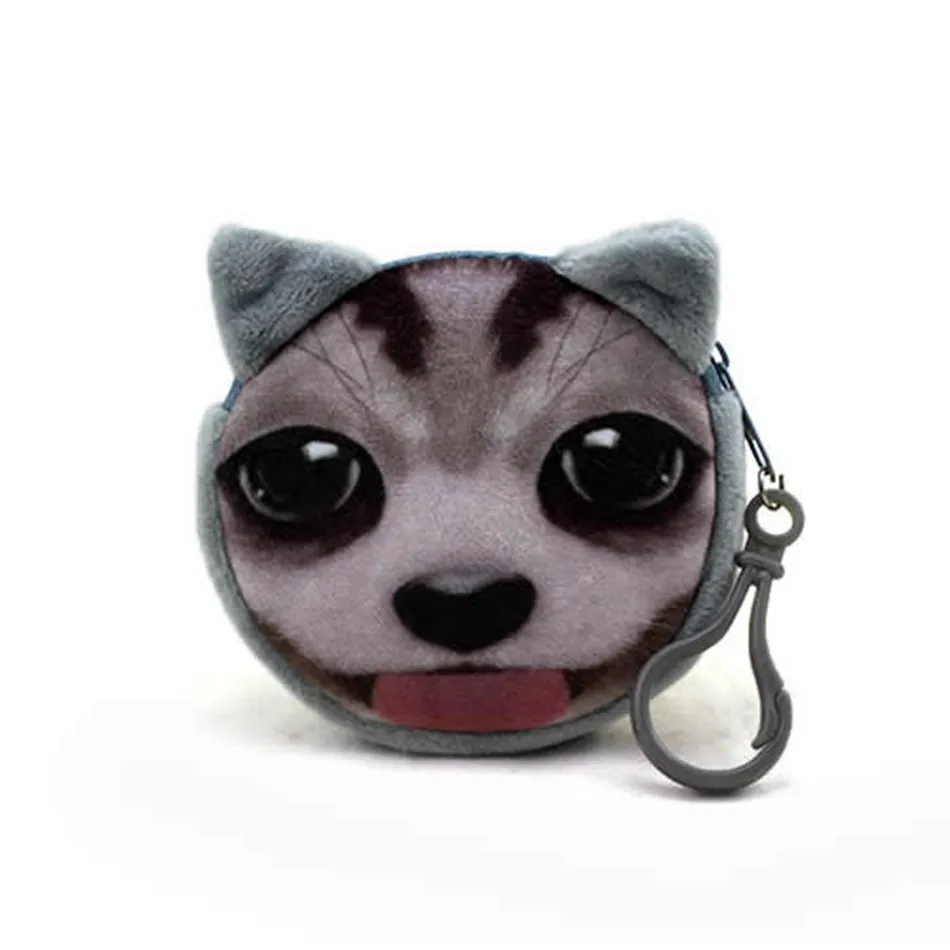 Impression 3D chat chien visage sacs dessin animé sac à main en peluche MINI porte-monnaie portefeuilles fermeture éclair clé porte-casque sacs