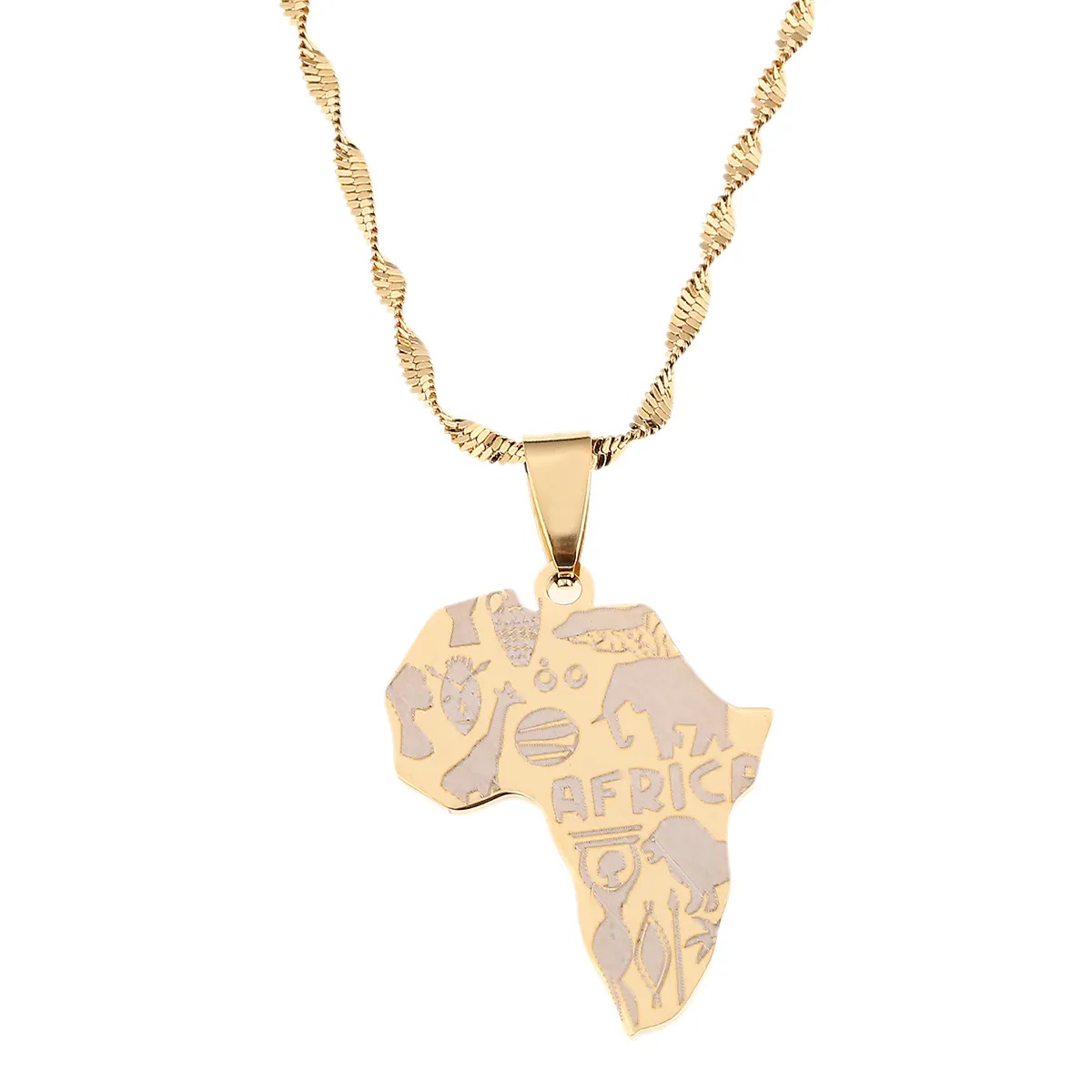 Stainless Steel Fashion Africa Map Pendant Necklaces Gold Color Map of African Wildlife Elephants Lions Giraffes Jewelry