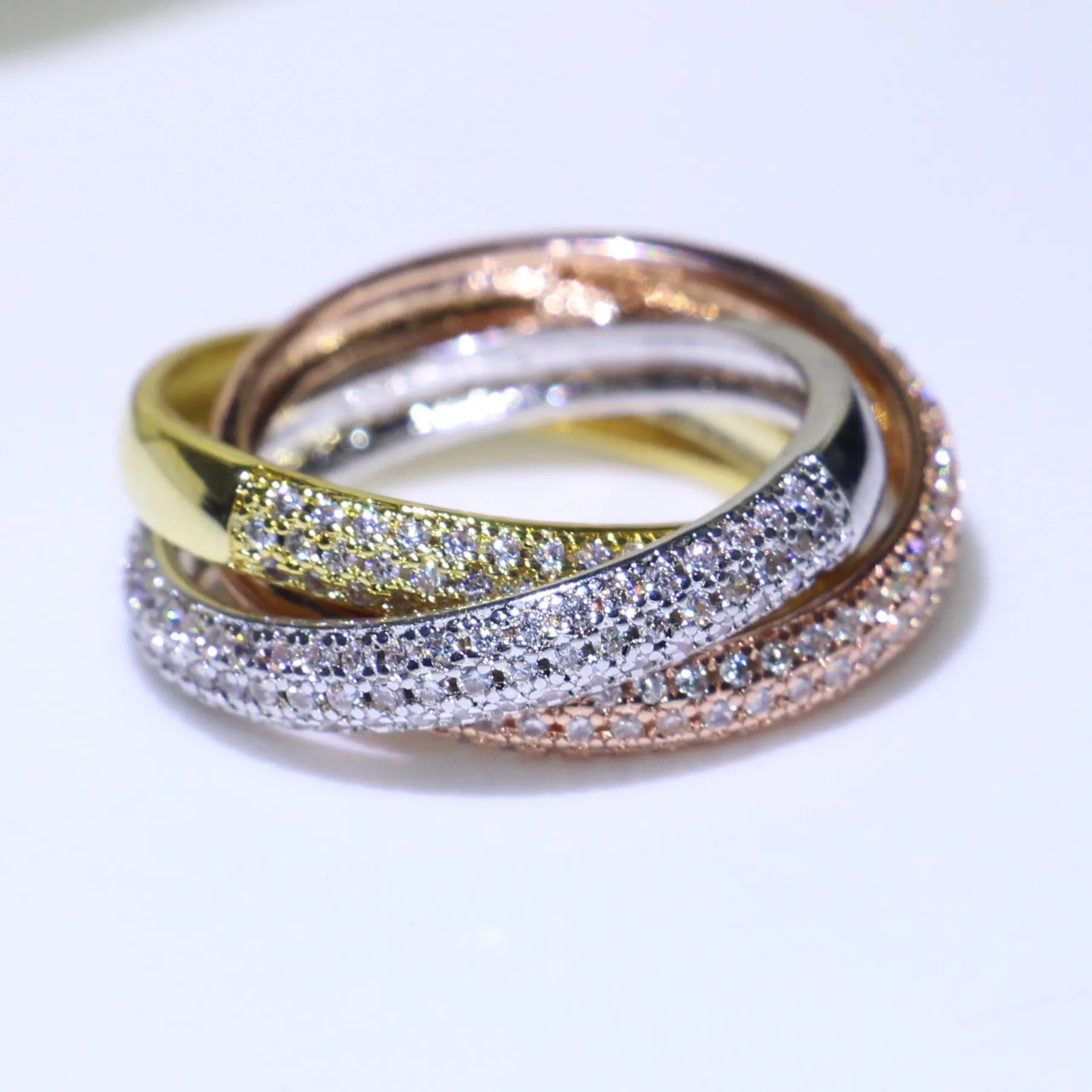 Potrójne koła złoty/różowe złoto/srebrny pierścionek trzy kolory luksusowa biżuteria srebro 925 Pave pierścionek z cyrkiem kobiety obrączki ślubne dla zakochanych prezent