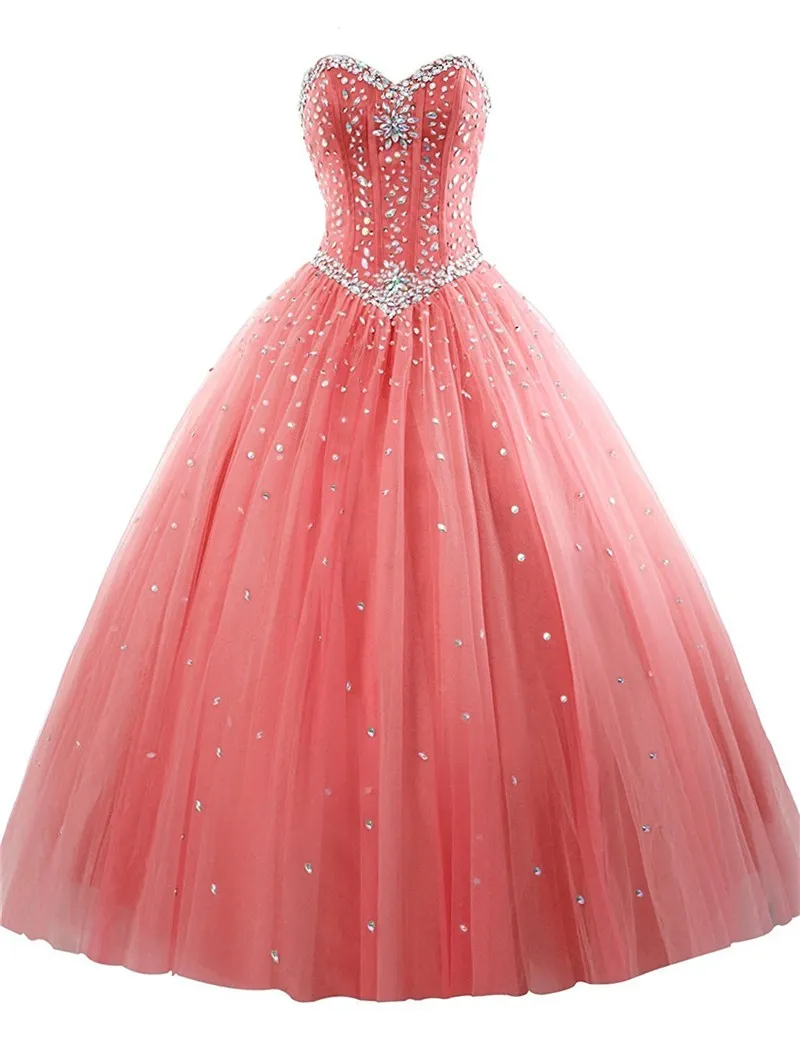 Koral Królewski Niebieski Tanie Quinceanera Prom Dress Suknia Balowa Sweetheart Tulle Gorset Długie Bling Crystal Cekiny Wieczór Formalne Słodkie 16 Suknie