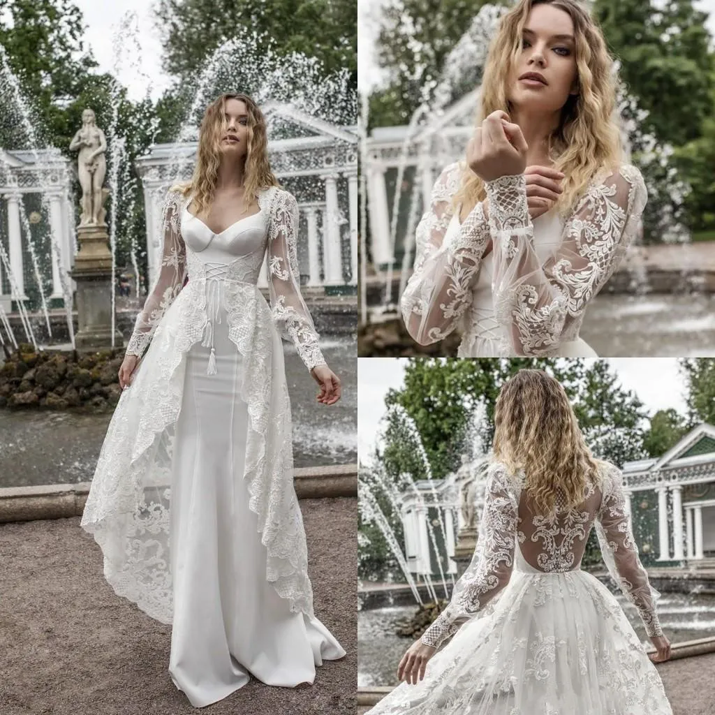 Sexy Illusion Lace Appliques Overskirts Wedding Dresses 2019 New Capped Long Sleeves Beach Bridal Gowns Plus Size Vestidos De Noiva