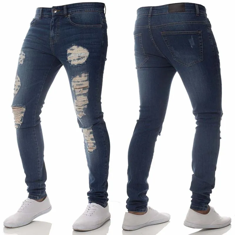 Mew Men Jeans skinny casual Jeans da motociclista denim Pantaloni hiphop con fori sulle ginocchia Pantaloni a matita strappati effetto lavato