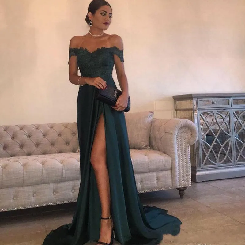 Green Vintage Off-Shoulder A-Line Dark Green Evening Gown with Long Backless - Customizable Plus Size Formal Prom Party Gown HY296