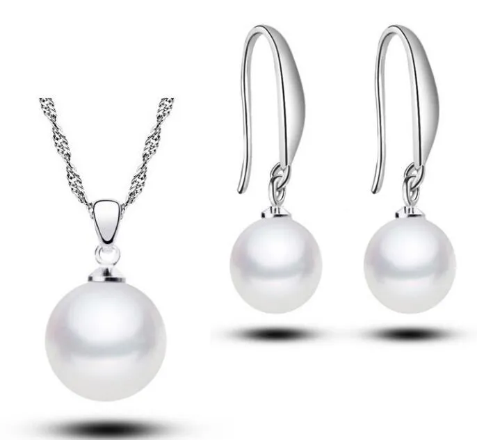 Мода стерлингового серебра 925 покрытием мяч Белый пресноводный жемчуг ожерелье серьги ювелирные наборы для женщин свадебные аксессуары оптовая цена