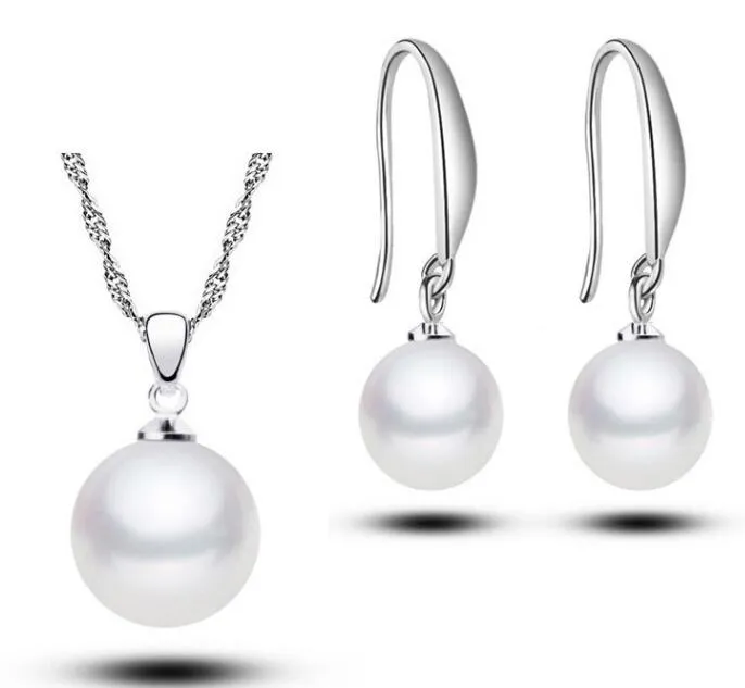 Mode 925 Sterling Argent Plaqué Balle Blanc Perle D'eau Douce Collier Boucles D'oreilles Ensembles de Bijoux pour les Femmes Accessoire De Mariée En Gros Prix