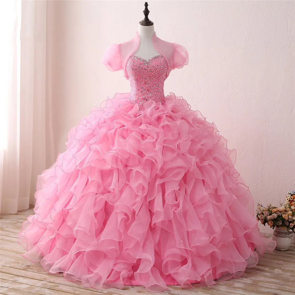 2018 Nuovo arrivato Real Photo Sexy Abito da ballo in cristallo rosa Abito Quinceanera con paillettes perline Abito dolce 16 Vestido Abiti da debuttante BQ127