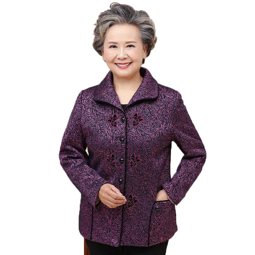 Chinese oudere vrouw chique jassen rood paars knop front jas oma moeder lente jacquard weefsjas verouderde dame korte jas