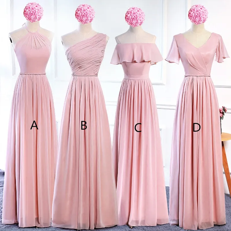 Blush rose mousseline de soie longues robes de demoiselle d'honneur à lacets 2020 bohème robe de demoiselle d'honneur longueur de plancher robes d'invité de mariage 2824