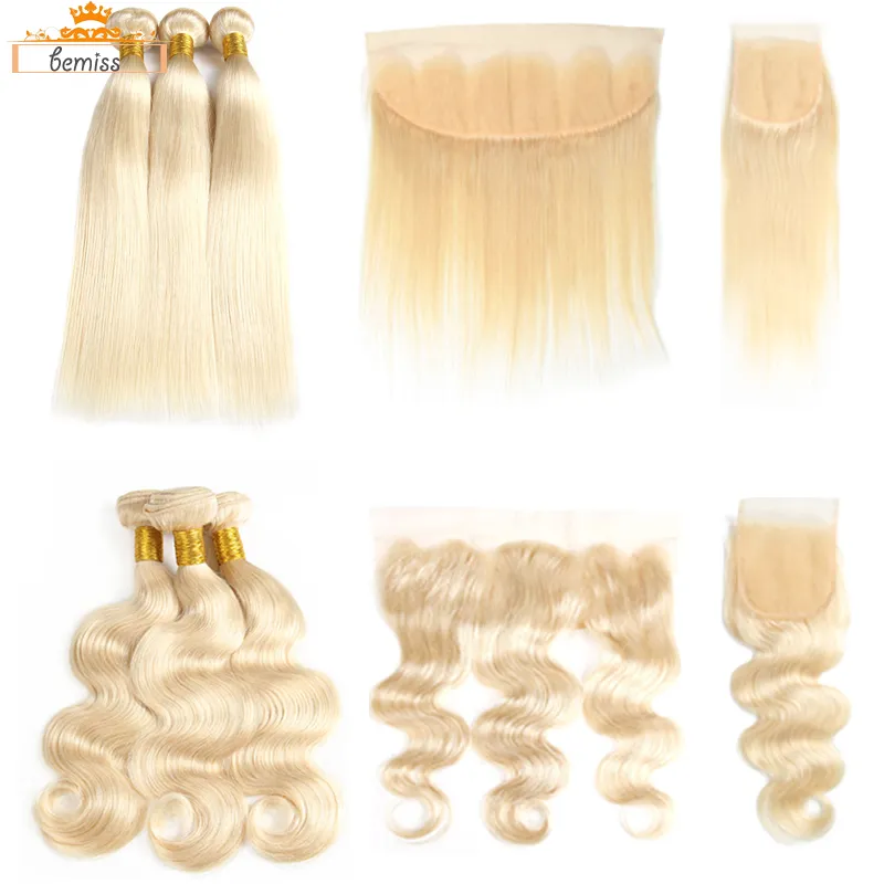 Bemiss Hair® 613 Blonde Human Hair Bundles with Closure 브라질 버진 헤어 스트레이트 바디 웨이브 헤어 Weavs with Frontal Closure for Women