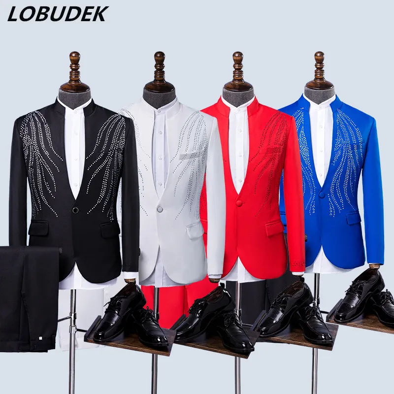 4 Colors Crystals Blazers Stand Collar Men's Suits Adult Host Singer Chorus Costume Wedding Master Studio Outfit Performance Choral Dress