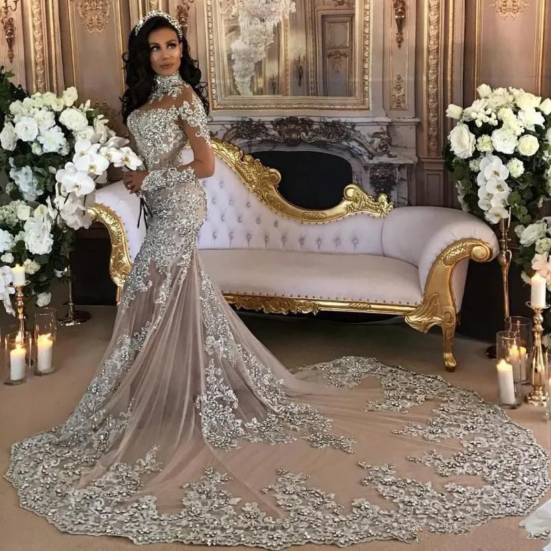 2018 Robes De Soiree Luxueuses Porter Col Haut Sheer Manches Longues Dentelle Appliques Cristal Perle Tribunal Train Robes De Bal Plus La Taille Robe De Soiree Du 170 91 DHgate