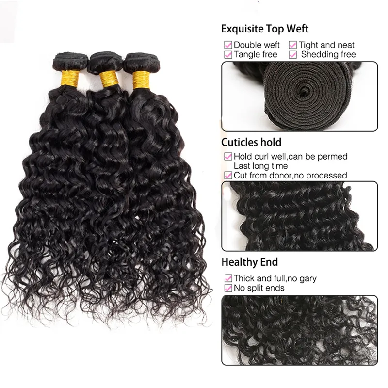 9A Mink Indian Virgin Water Wave 3 Bundles With 4x4 Lace Closure Frontal Wet and Wavy 8-28inch Virgin Human Hair Weave Cheap Hair